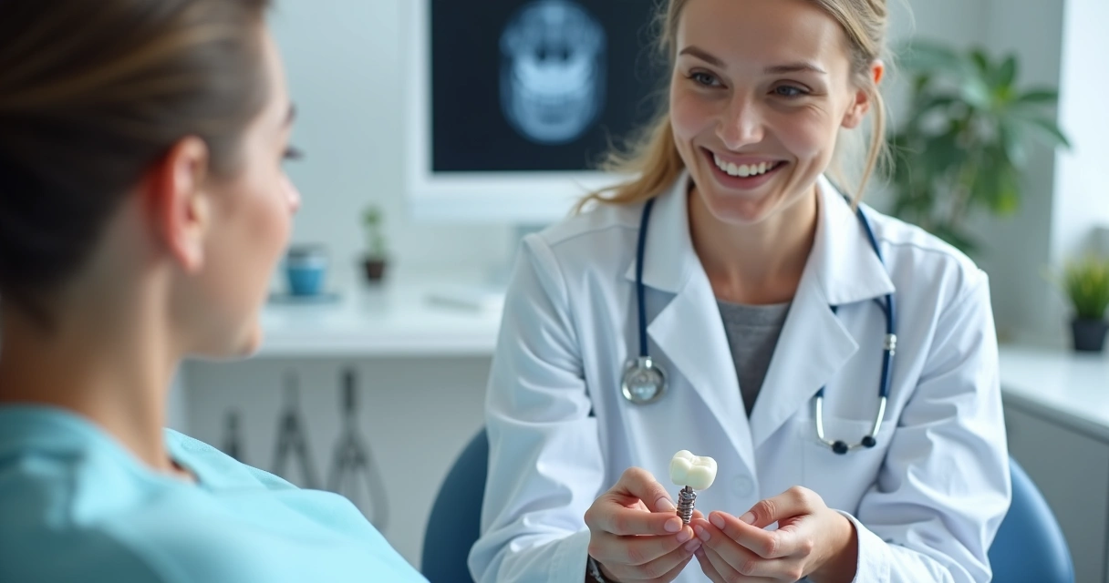 Dentista conversa com paciente durante avaliação de implante dentário 