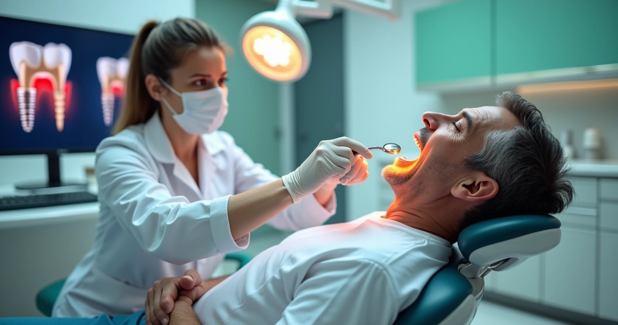 Dentista avaliando implante dentário na boca aberta de um paciente em consultório moderno 