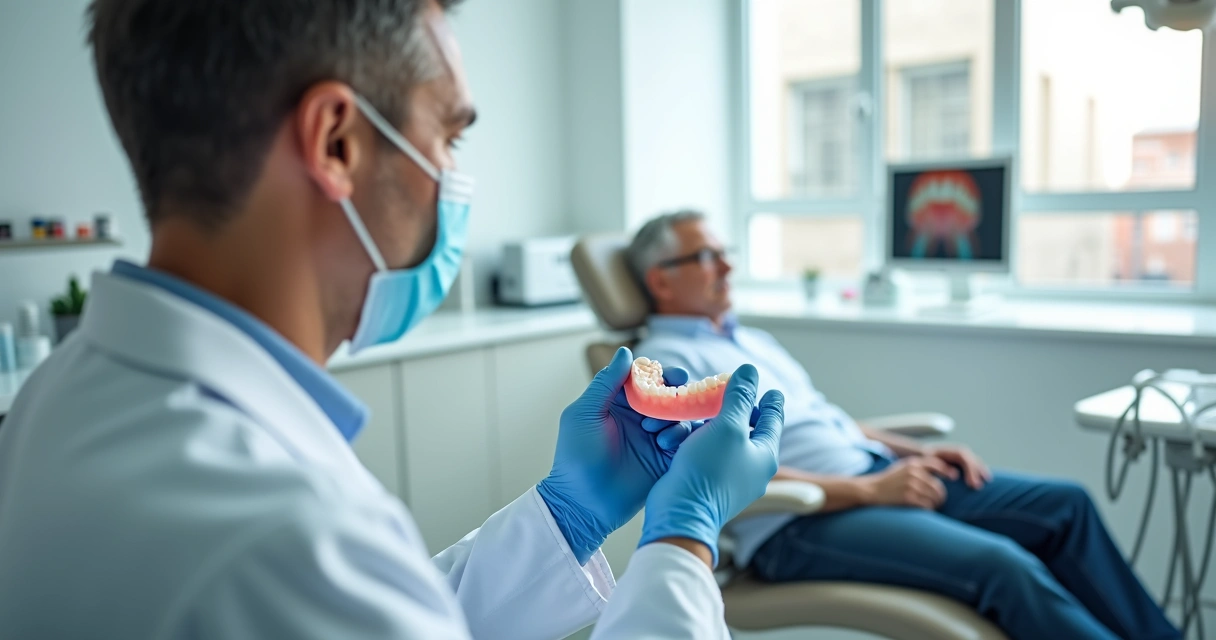 Dentista mostrando prótese flexível para paciente em consultório moderno 