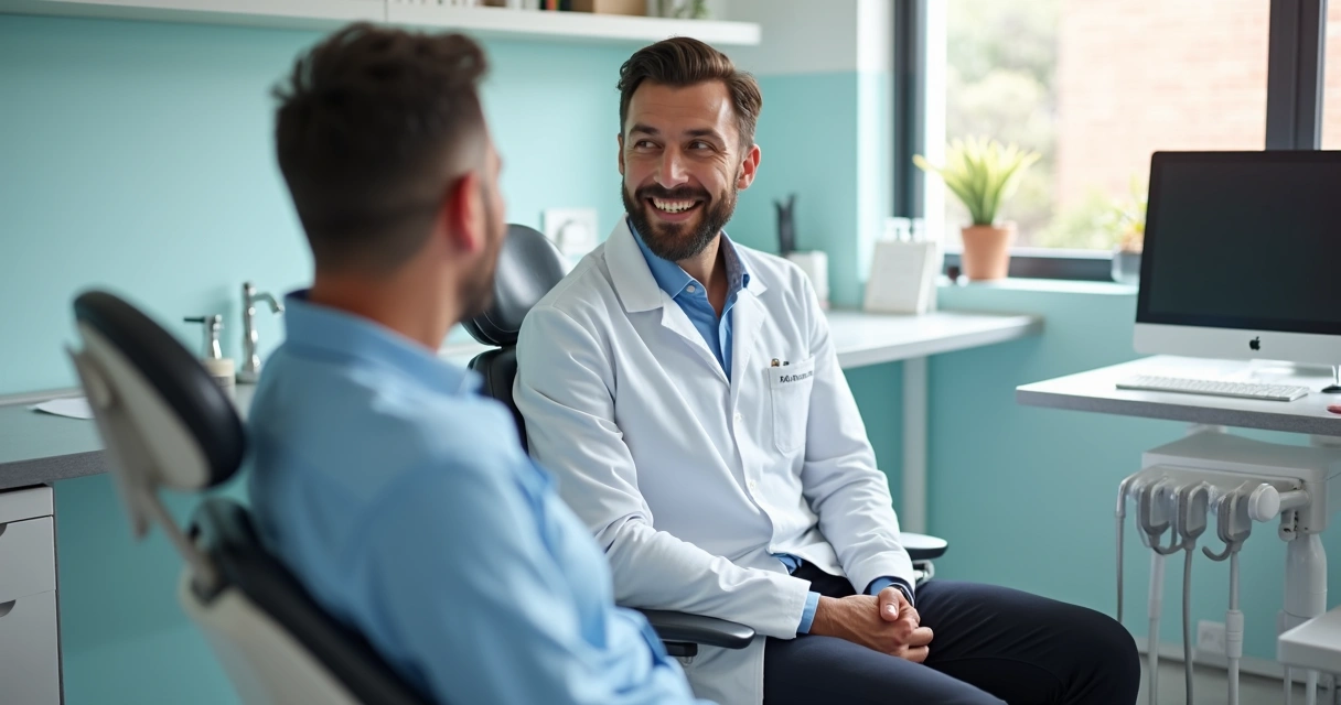 Dentista escutando paciente com atenção e empatia em consultório dental 