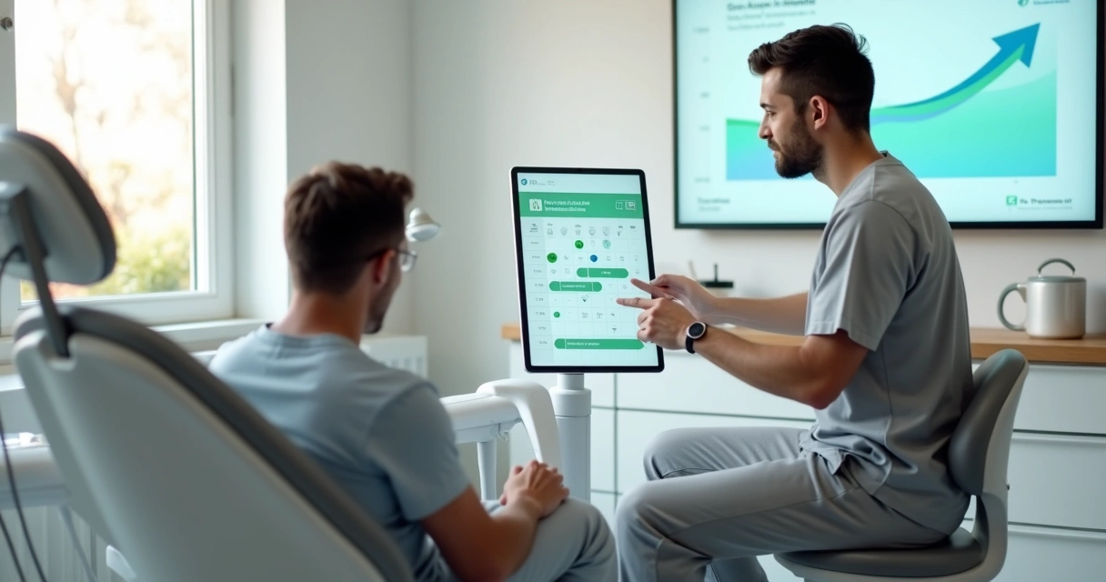 Dentista mostra calendário digital a paciente reforçando retorno na clínica 