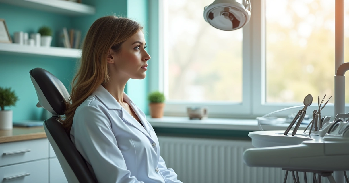 Dentista mulher de jaleco sentado na sala de atendimento olhando pela janela, expressando reflexão. 