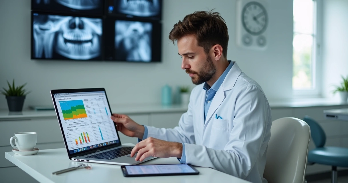 Dentista consultando financeiramente na clínica 