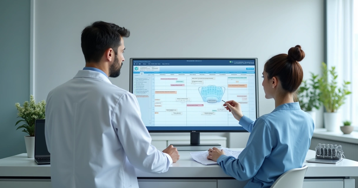 Dentista analisando agenda digital com secretária 