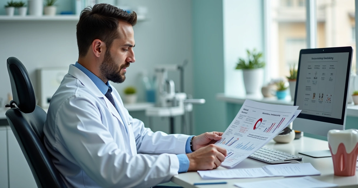Dentista revisando planejamento de marketing em mesa de trabalho
