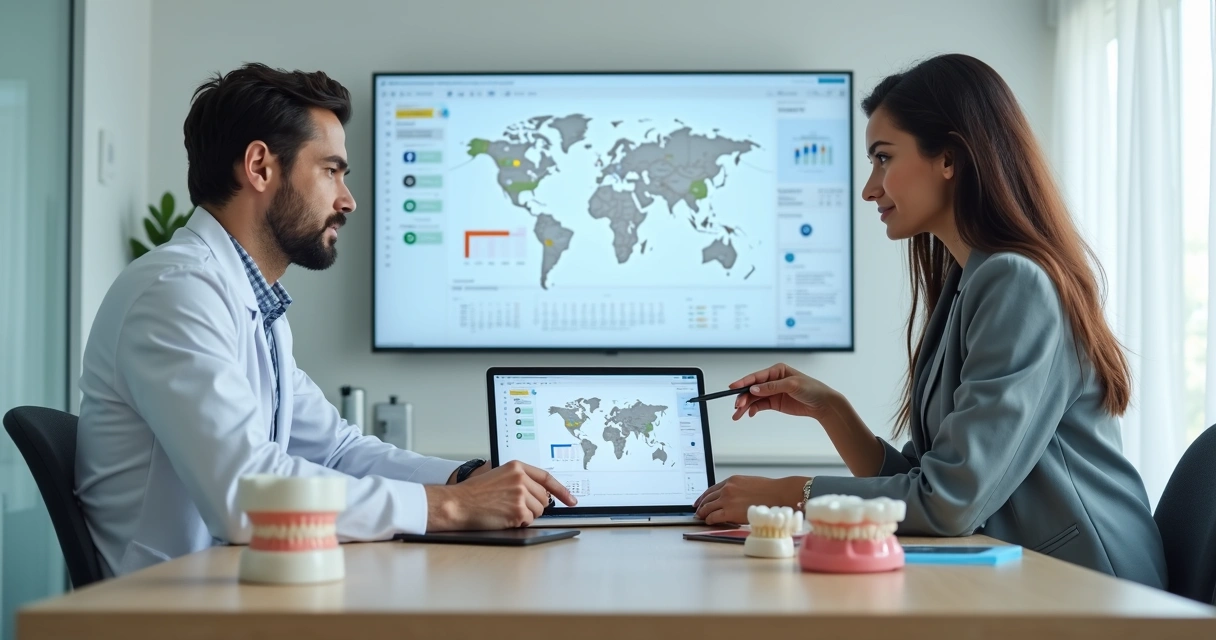 Dentista analisando campanha de marketing digital para implantes e aparelhos em notebook 