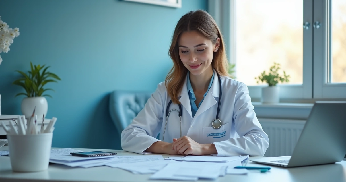 Dentista analisando documentos financeiros na clínica 