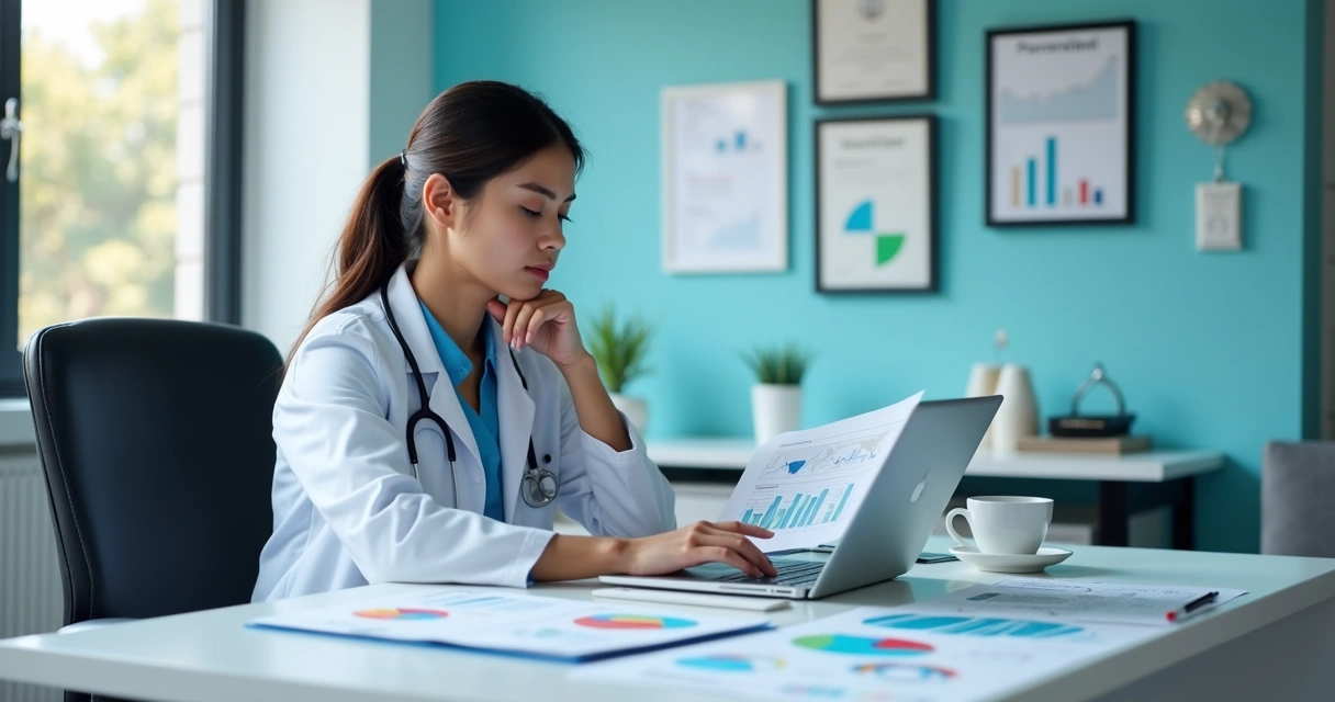 Dentista planejando finanças em escritório com laptop e gráficos na mesa 