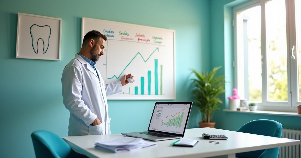 Dentista dono de clínica planejando finanças no quadro branco com gráficos simples 