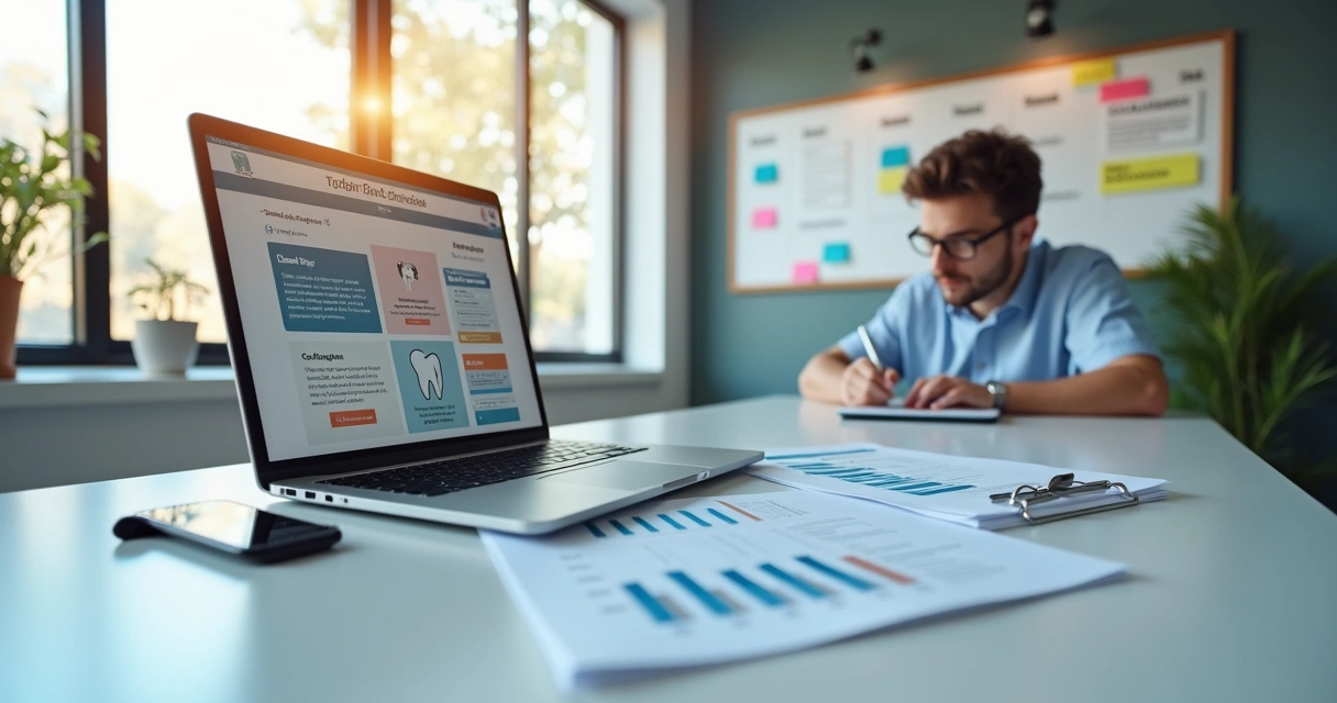 Profissional de clínica odontológica organizando newsletters em tela de computador 