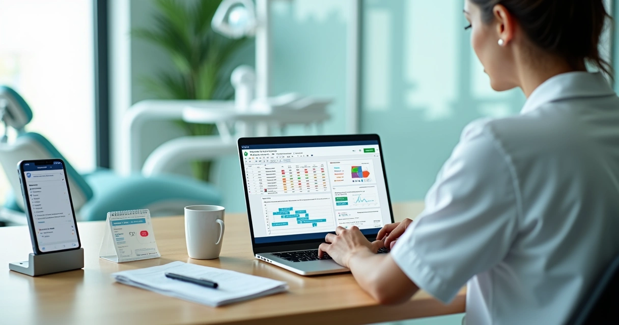 Dentista analisando planilhas do Google em laptop na recepção da clínica 