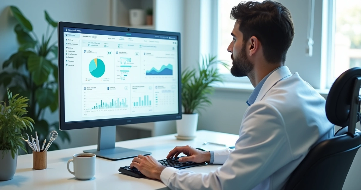 Dentista analisando planos na tela do computador