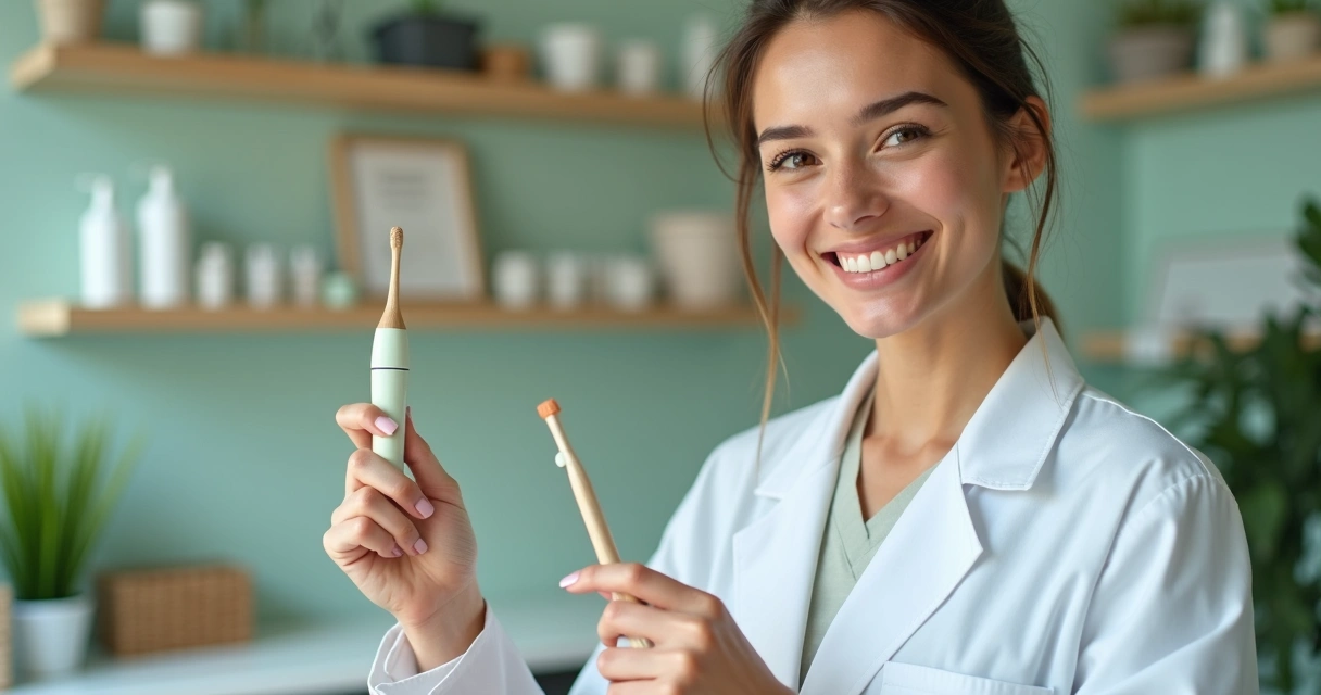 Dentista segurando escova de dente biodegradável ao lado de planta na clínica