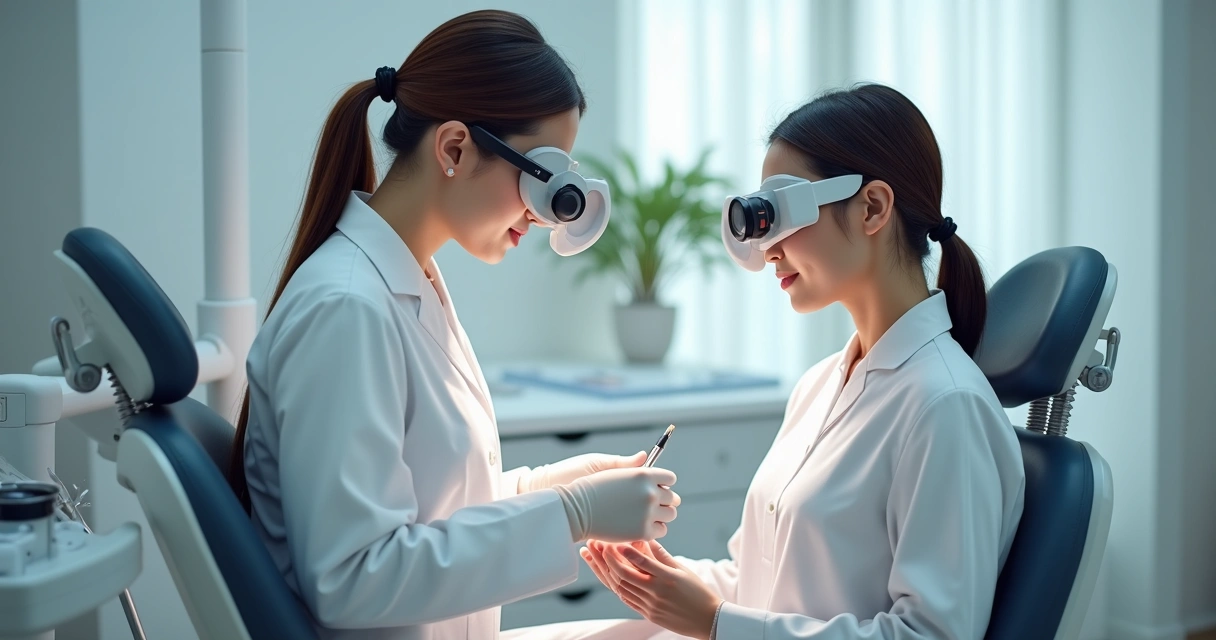 Dentista com postura correta usando lupa galileu e iluminação focal em consultório 