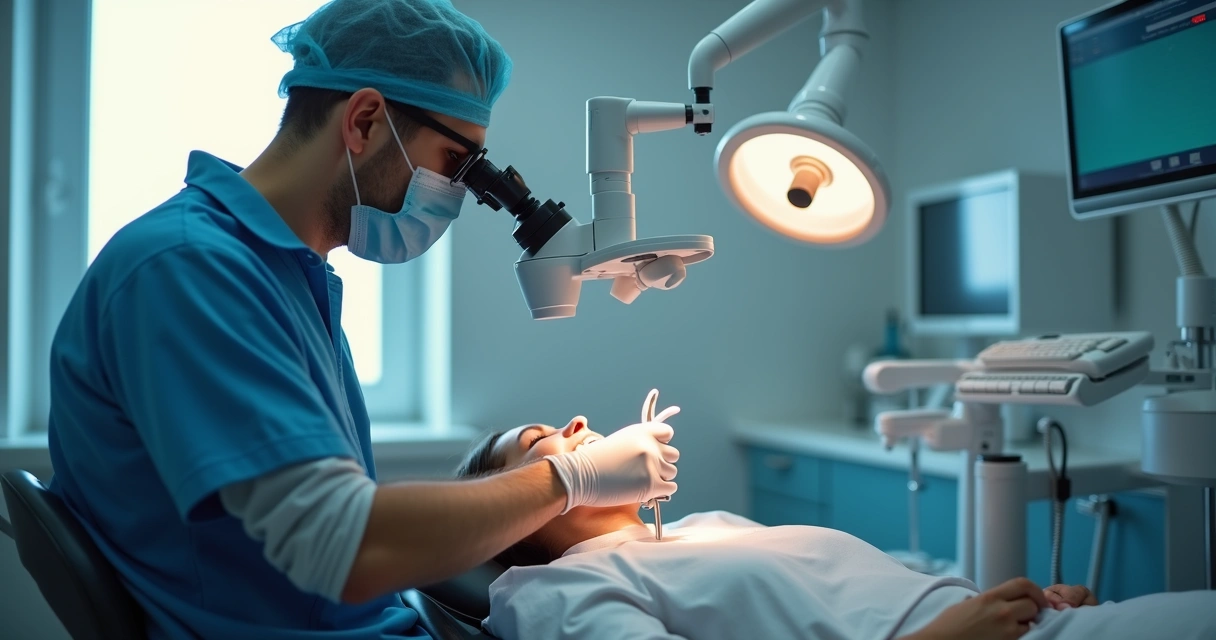 Dentista ajustando postura ergonômica ao usar lupa durante cirurgia