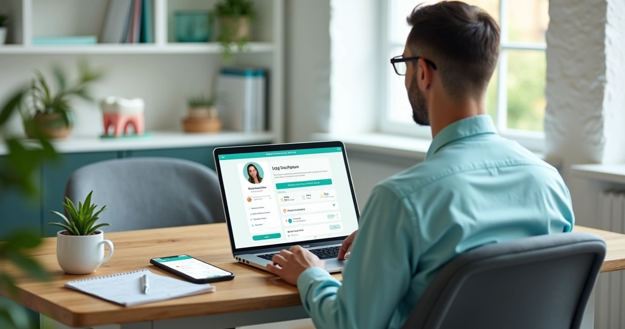 Profissional odontológico preenchendo currículo online em laptop 