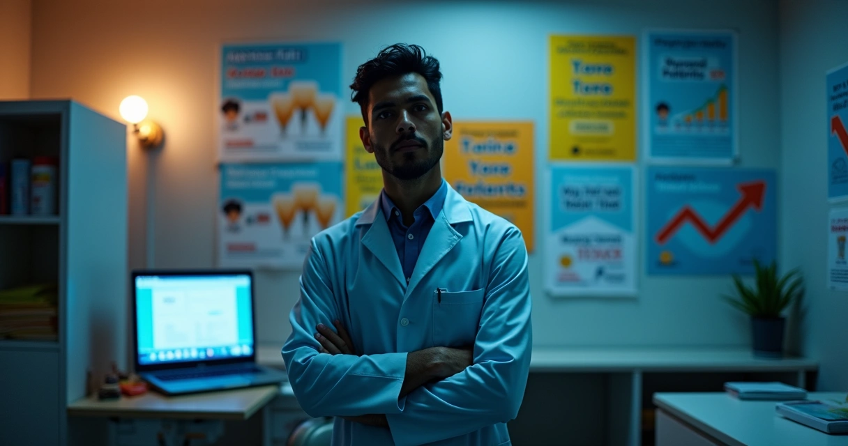 Dentista preocupado olhando anúncios de marketing odontológico duvidosos na parede do consultório 
