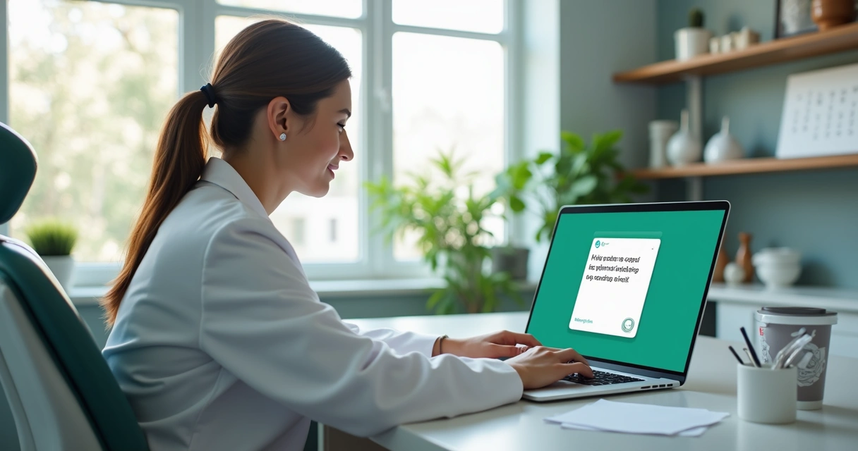 Dentista usando laptop para enviar mensagem personalizada a paciente inativo 
