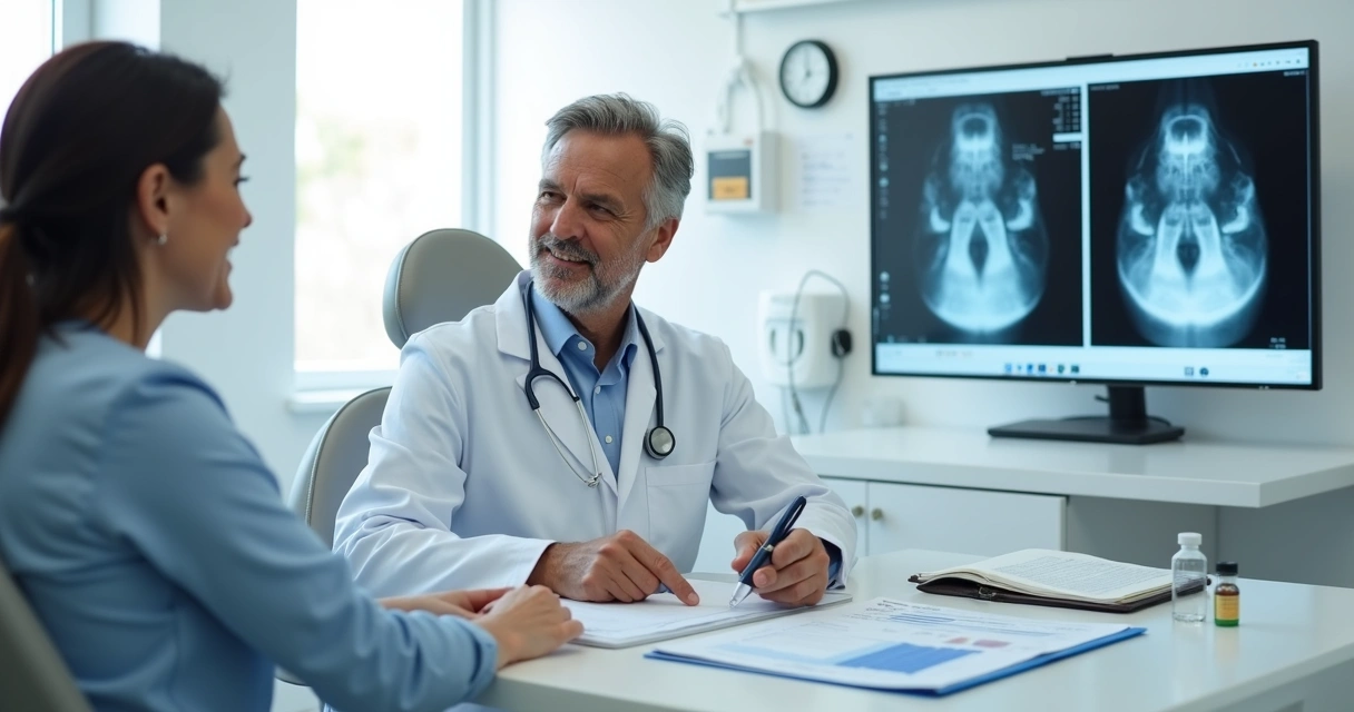 Dentista em consultório odontológico analisando exame e frasco de medicamento com paciente obeso 