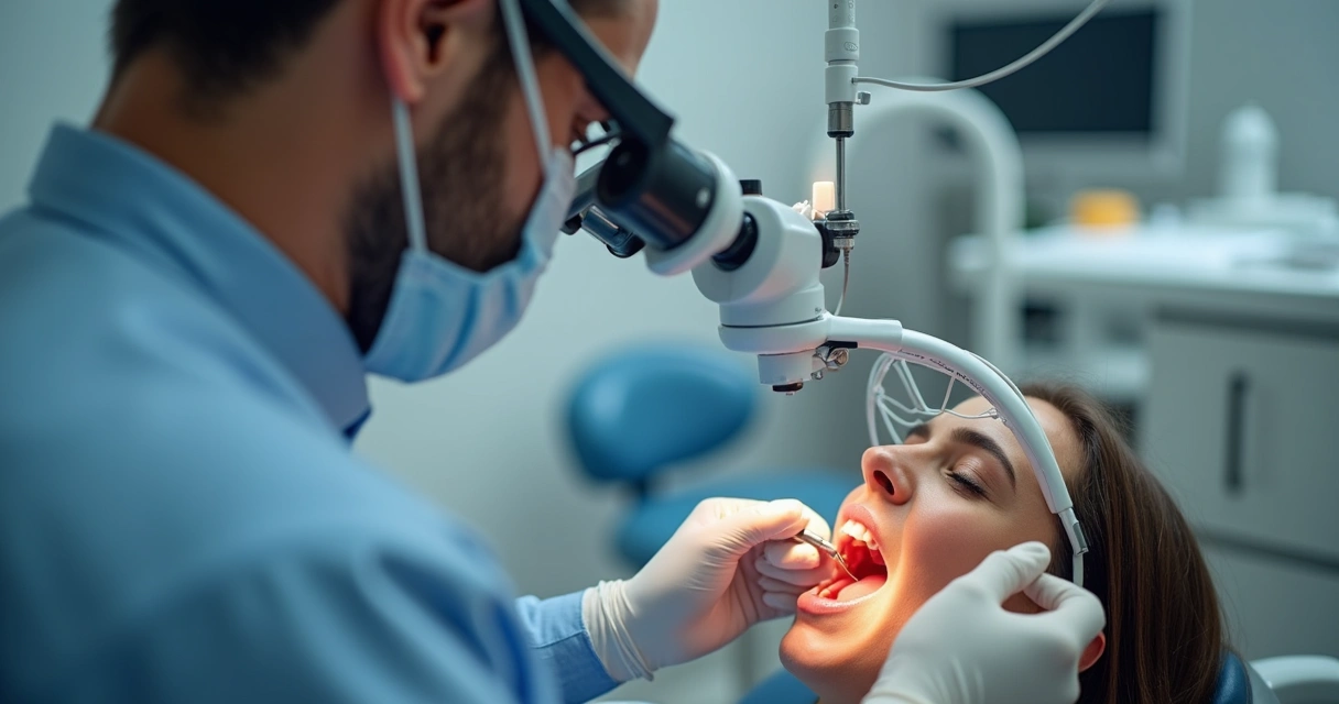 Dentista usando lupa realizando tratamento de canal