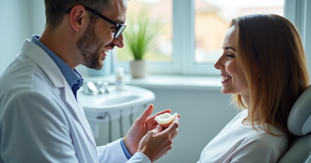 Dentista mostrando molde de faceta para paciente