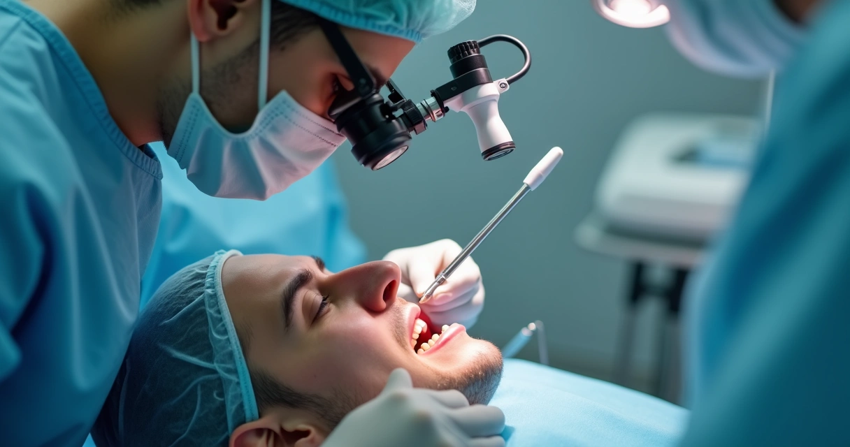 Dentista realizando procedimento com lupa binocular em paciente 