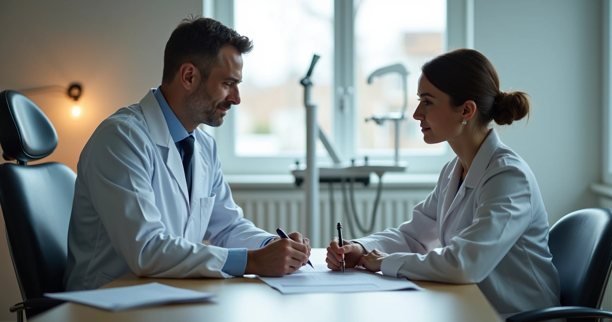 Dentista sentado à mesa com advogado analisando papéis jurídicos e odontológicos 