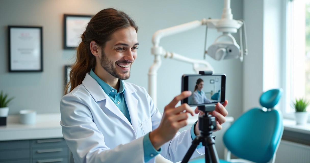 Dentista gravando vídeo para redes sociais na clínica