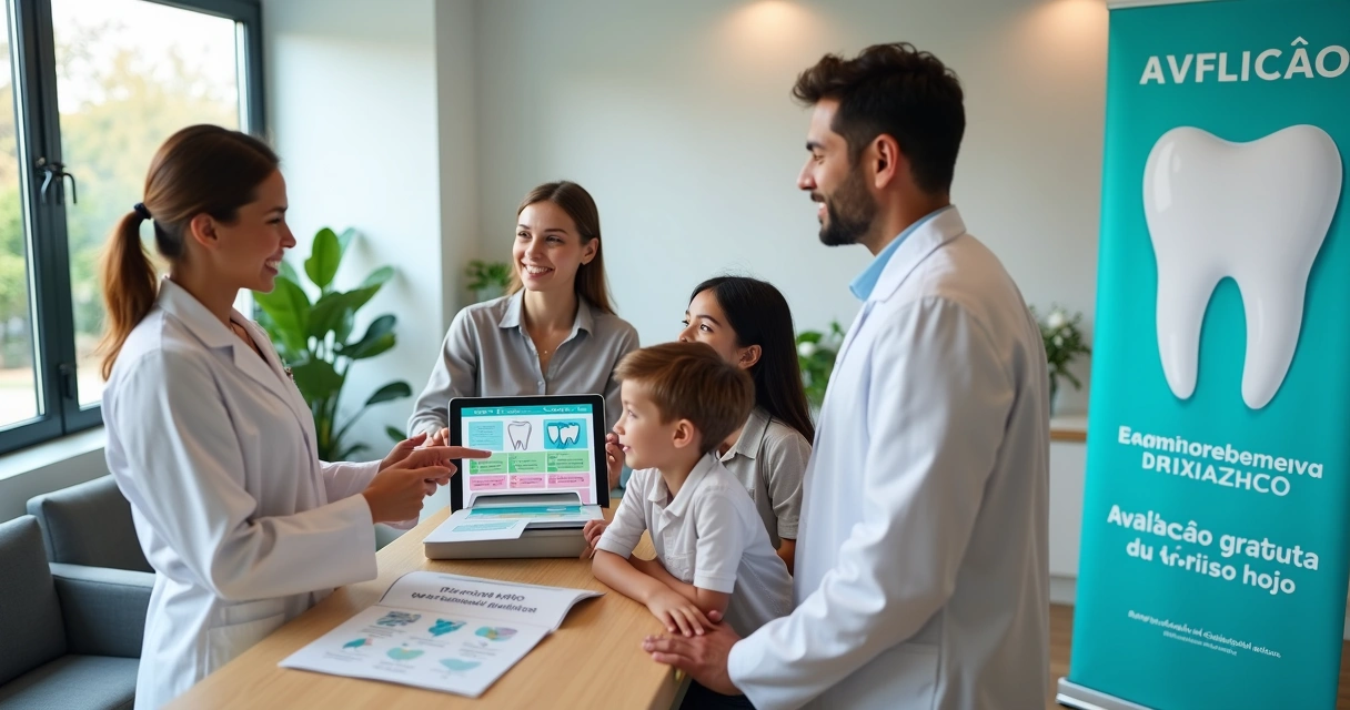 Dentista explicando plano preventivo odontológico para família em consultório moderno 