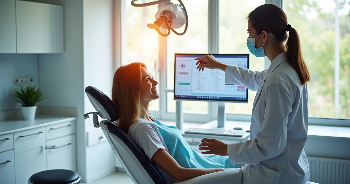 Dentista mexendo em prontuário eletrônico na clínica, ao lado de um paciente 