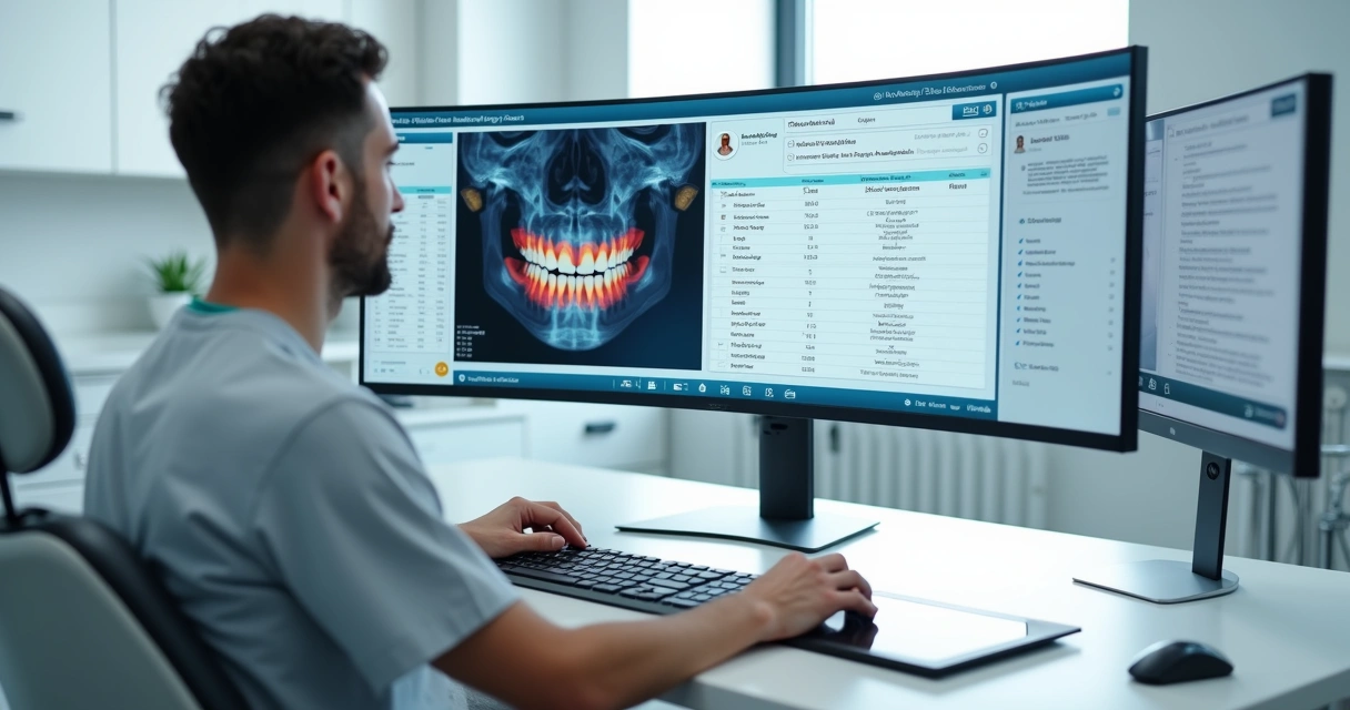 Dentista analisando prontuário eletrônico e odontograma digital em tela grande 