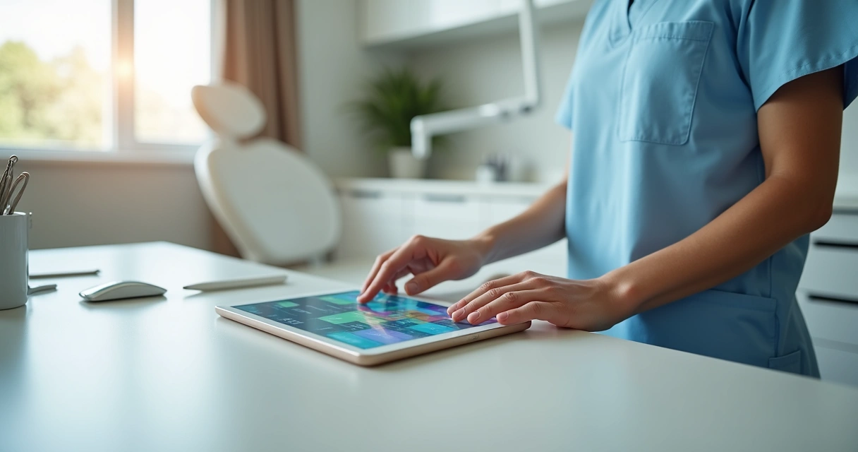 Dentista em consultório preenchendo prontuário eletrônico em tablet sobre bancada organizada 