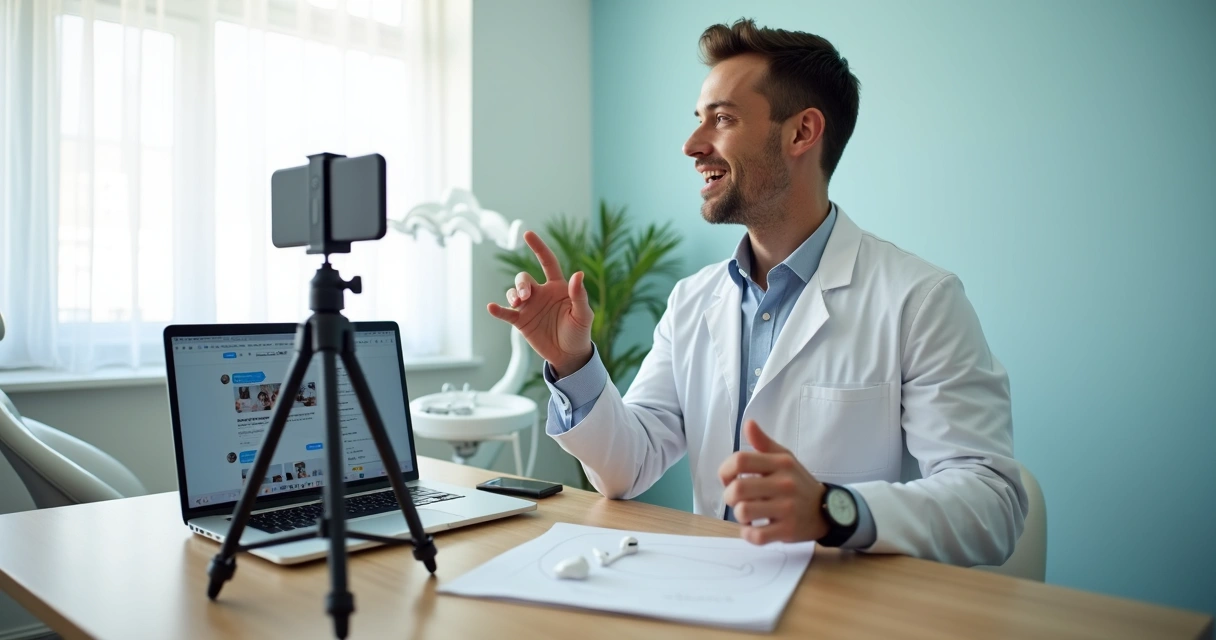 Dentista gravando mensagem em vídeo para pacientes em consultório moderno 