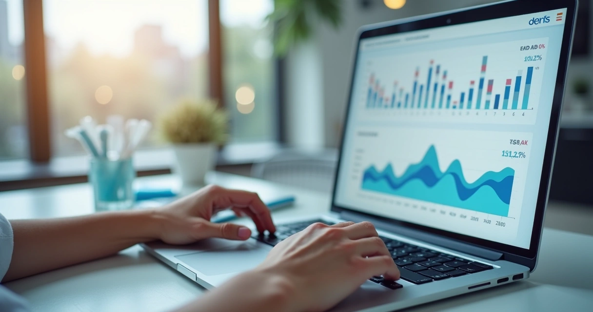 Pessoa digitando no computador com redes sociais abertas mostrando gráficos de engajamento na área odontológica