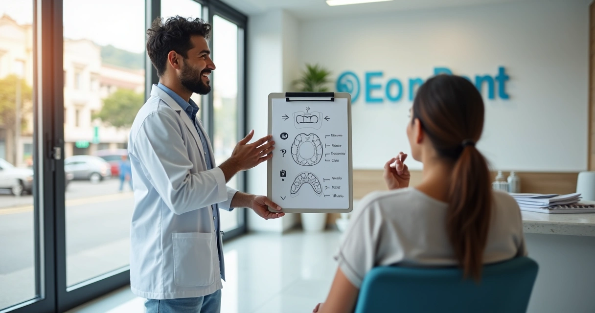 Dentista mostra prancheta com ilustrações de prótese flexível para paciente em consultório moderno 