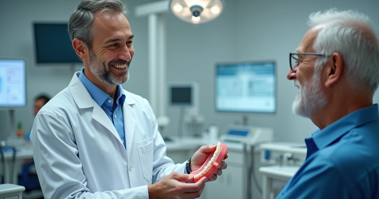 Dentista entrega prótese flexível para idoso em clínica com ambiente moderno e acolhedor 