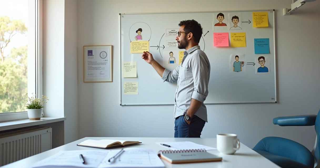 Dentista organizando mapa visual de persona no consultório 