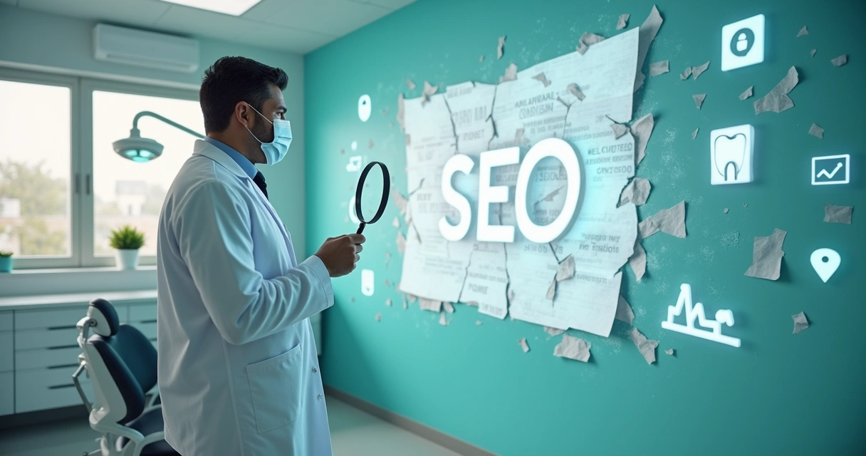 Dentista em consultório quebrando mural de mitos sobre SEO com símbolos de marketing digital ao redor 