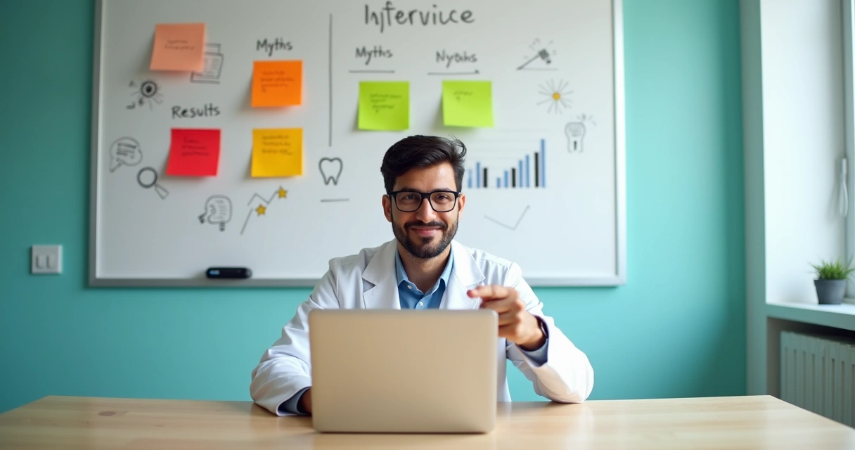 Dentista apontando para quadro com ícones de SEO e odontologia cortando mitos escritos em notas adesivas 