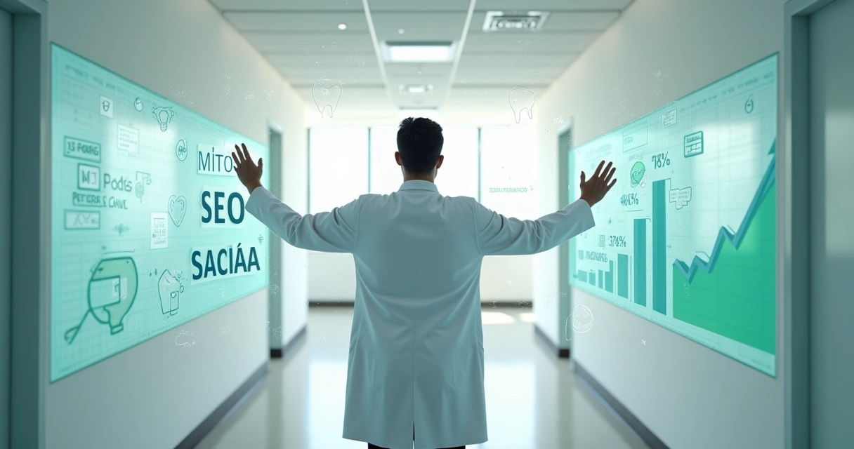 Dentista em frente a mural digital apagando mitos sobre SEO com ícones de busca e odontologia 