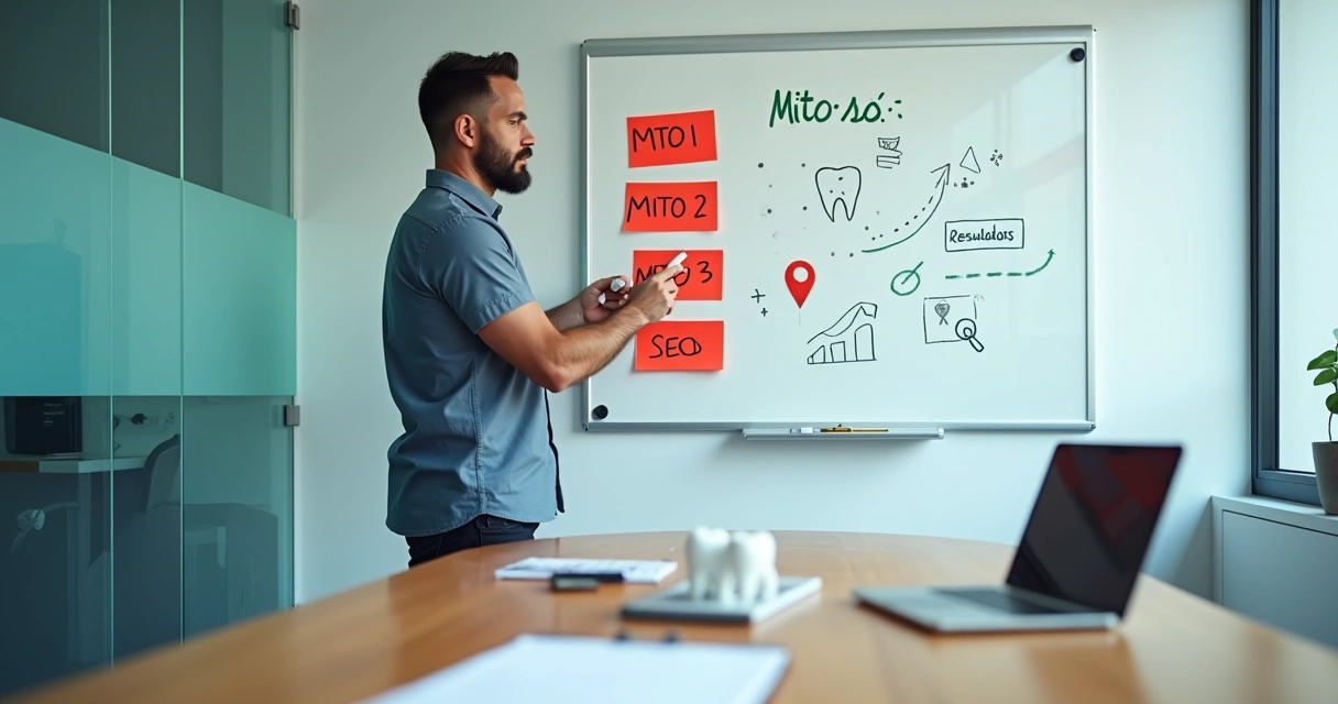 Dentista em clínica moderna apagando mitos de SEO escritos em quadro branco digital 