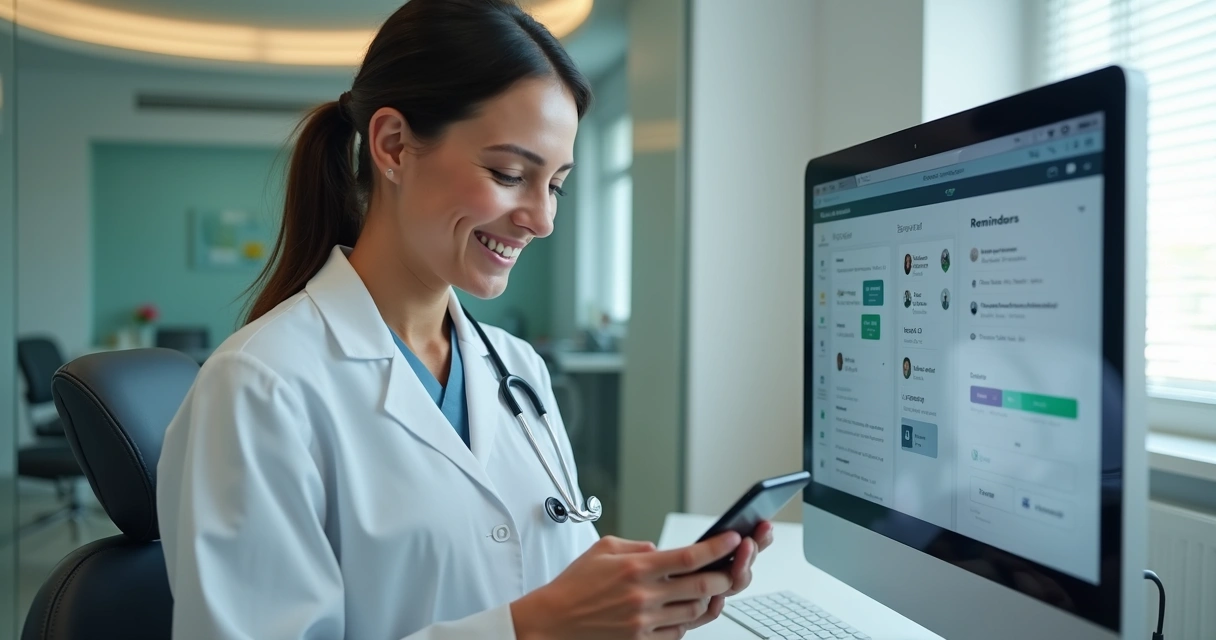 Dentista usando aplicativo para reagendar consulta em clínica 