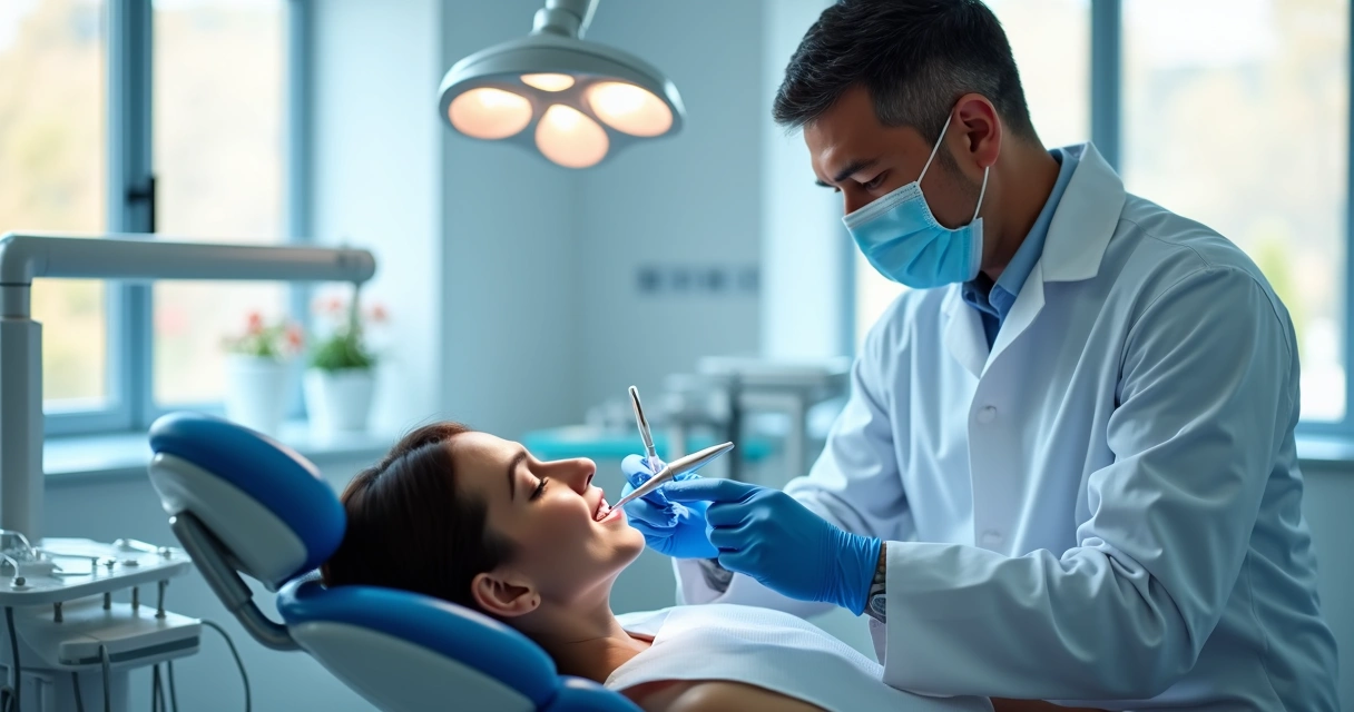Dentista realizando implante dentário em paciente em clínica moderna com equipamentos avançados e ambiente acolhedor 