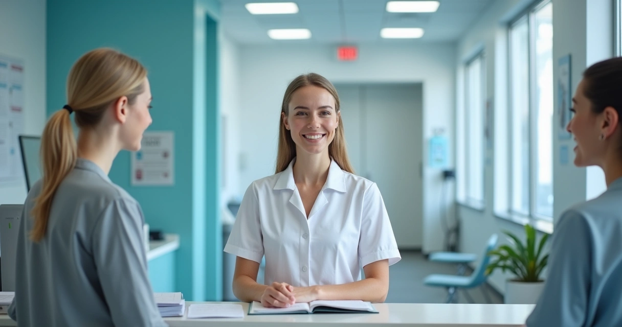 Recepcionista atende paciente em clínica odontológica