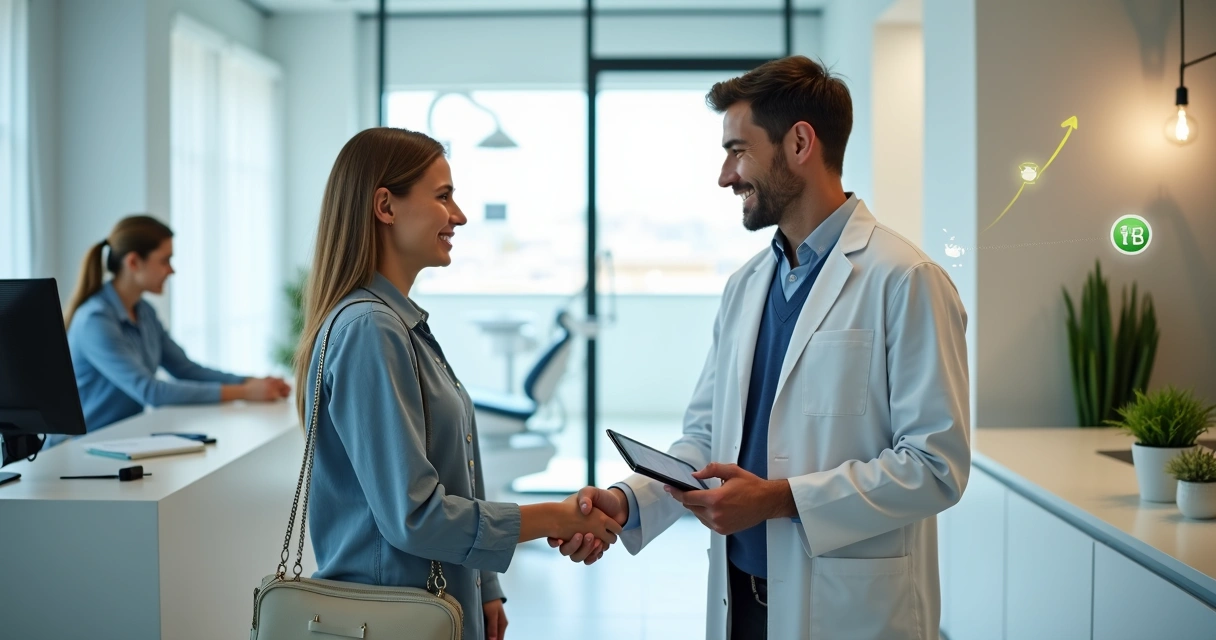 Dentista sorridente cumprimenta paciente que retorna à clínica odontológica 