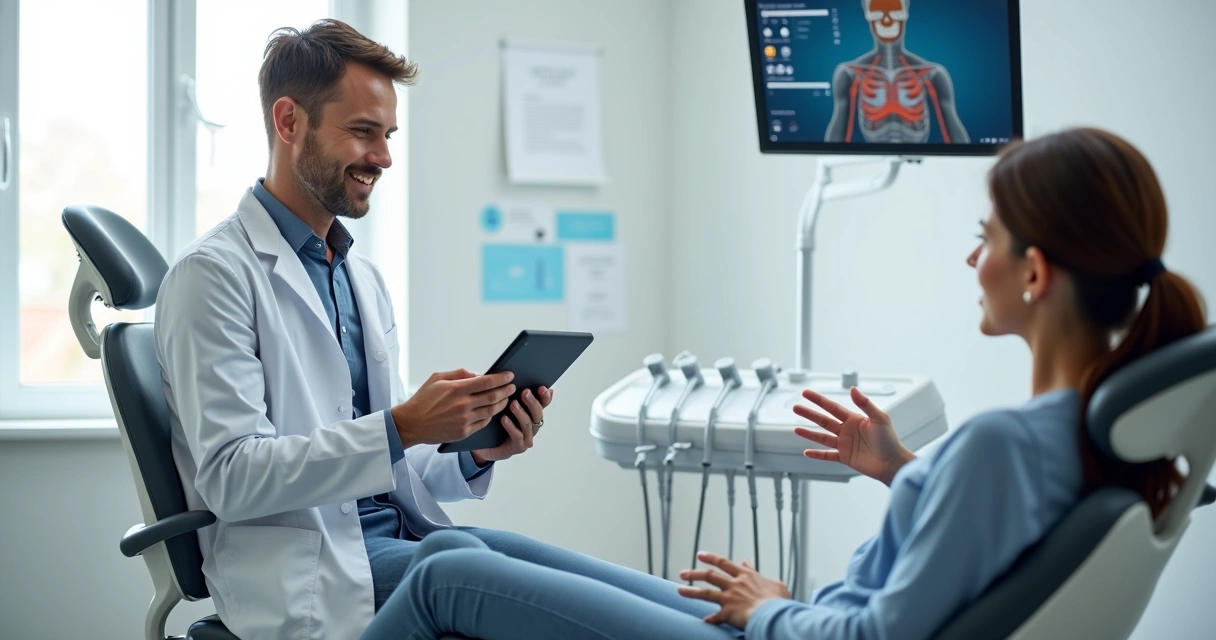Dentista conversando com paciente em consultório moderno para recuperar vínculo 