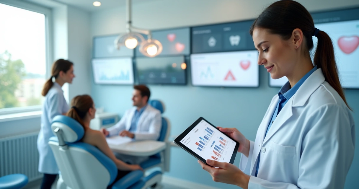 Dentista analisa relatórios de mídias sociais em tablet na clínica 