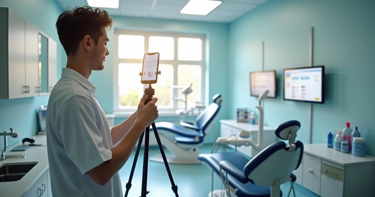Dentista gravando vídeo curto para redes sociais 