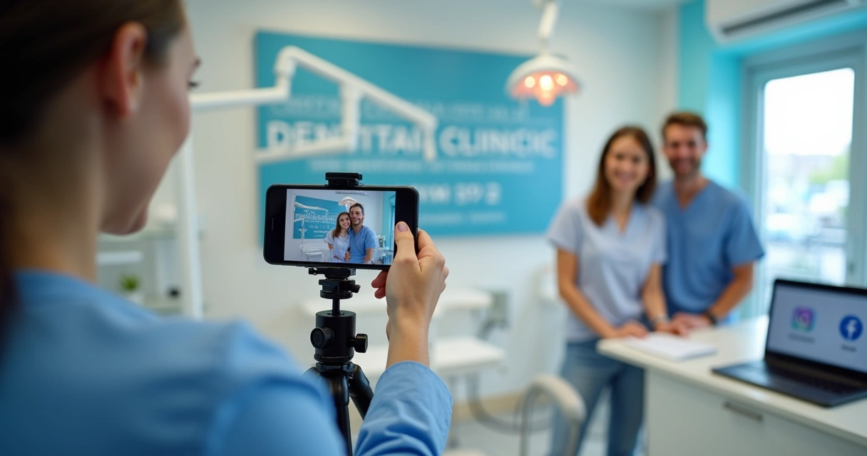 Dentista grava vídeo curto para redes sociais na clínica 