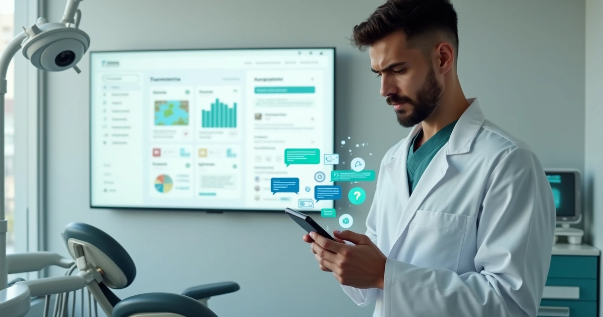 Dentista segurando smartphone com ícones de redes sociais e símbolos de confusão ao redor 